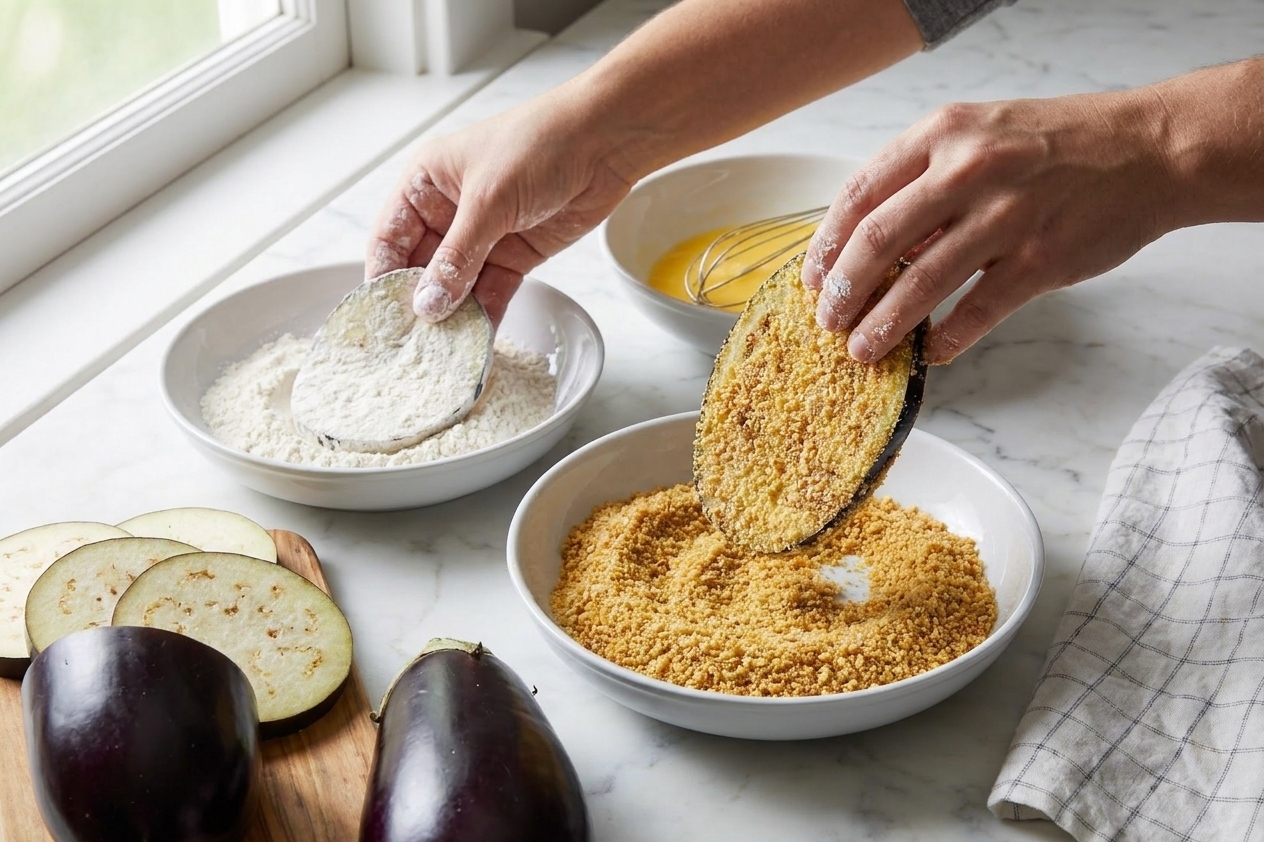A person’s hands dipping eggplant slices into flour and breadcrumbs on a kitchen counter with shallow bowls