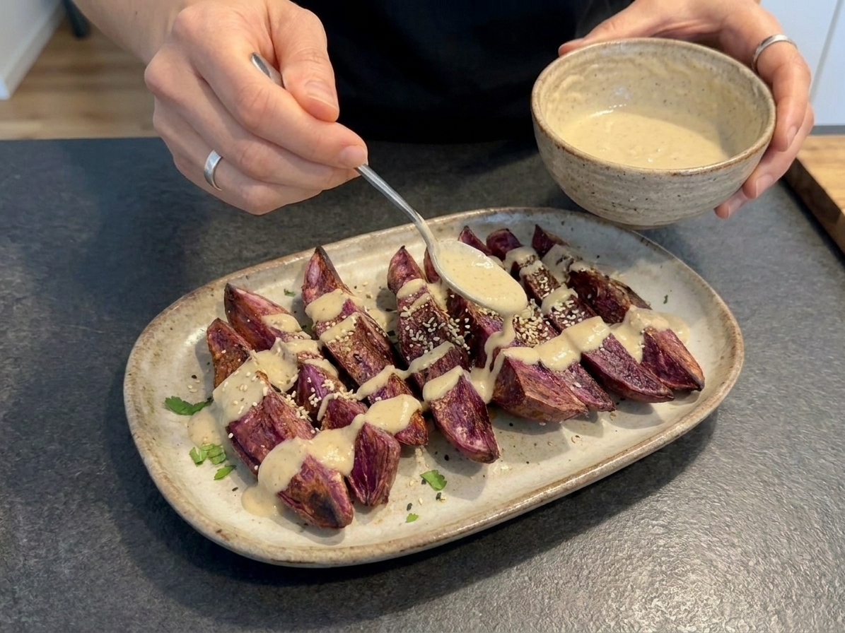 A person’s hands drizzling lime tahini sauce from a spoon over roasted purple sweet potato wedges on a kitchen counter