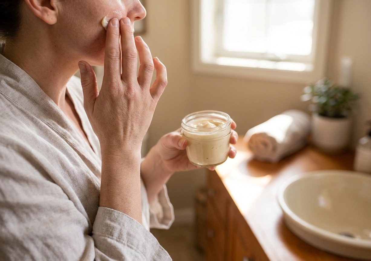 A person’s hands gently pressing a small amount of moisturizer onto their cheek in soft natural bathroom light