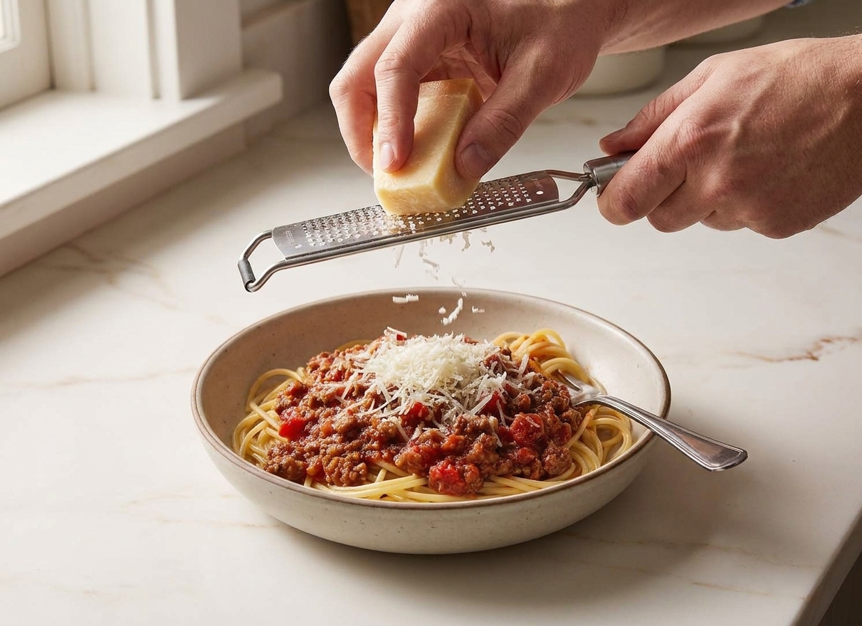 A person’s hands grating Parmesan over a bowl of spaghetti with meat sauce on a kitchen counter