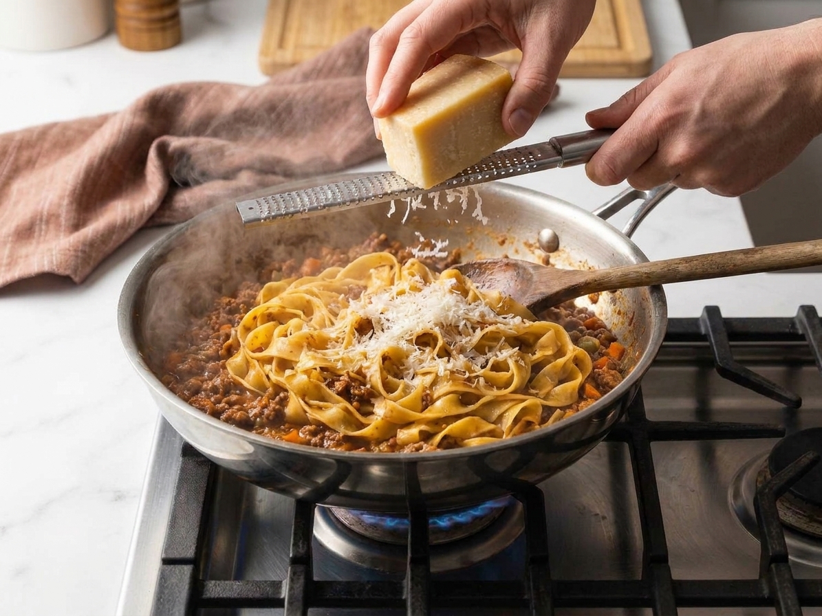 A person’s hands grating Parmesan over a pot of pasta and bolognese on a stovetop, with steam rising and a wooden spoon resting nearby