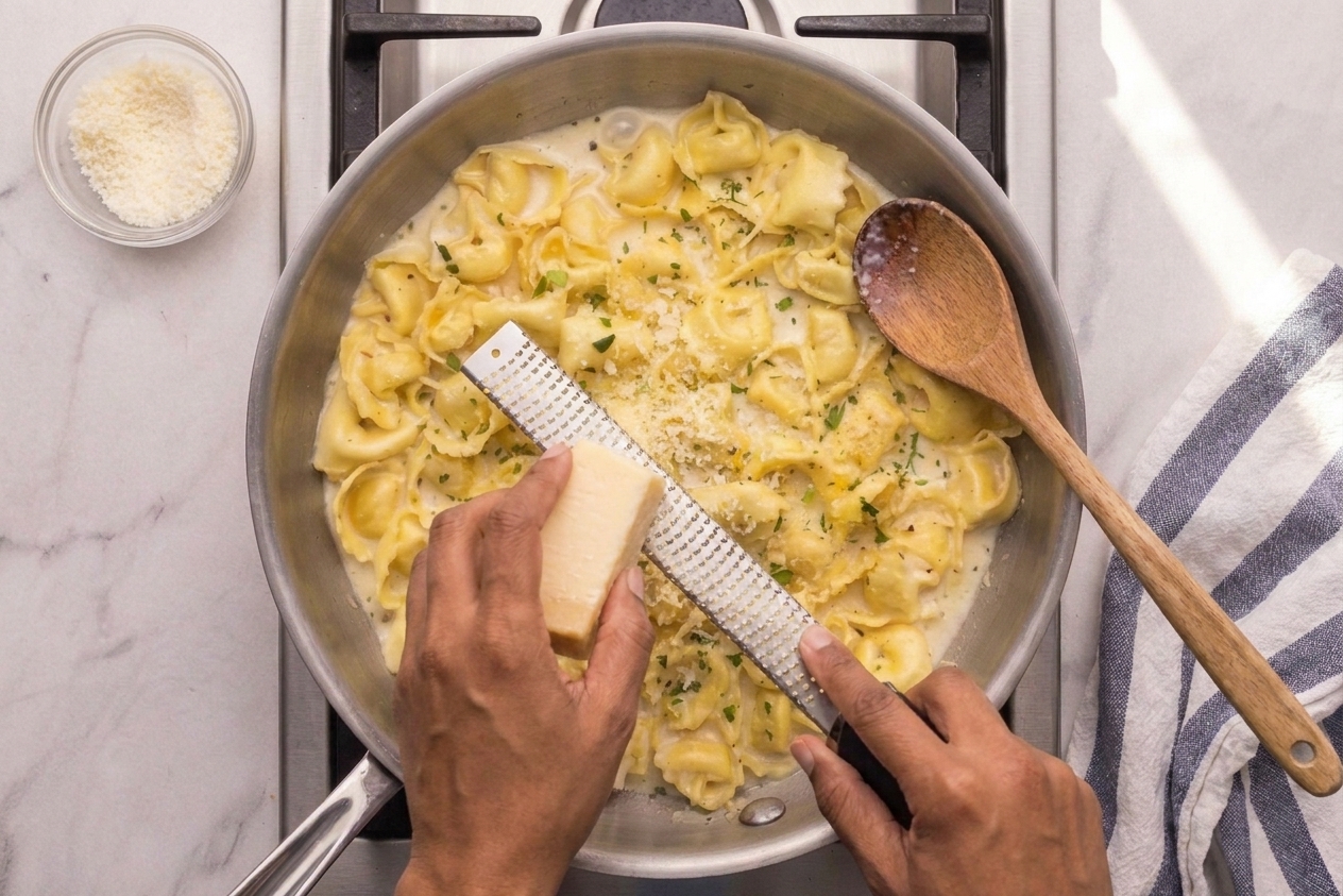A person’s hands grating Parmesan over a skillet of creamy tortellini on a home kitchen stovetop