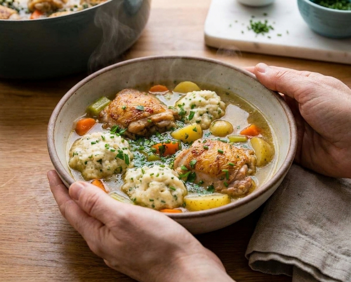 A person’s hands holding a warm bowl of chicken and dumpling soup over a kitchen counter with soft natural light