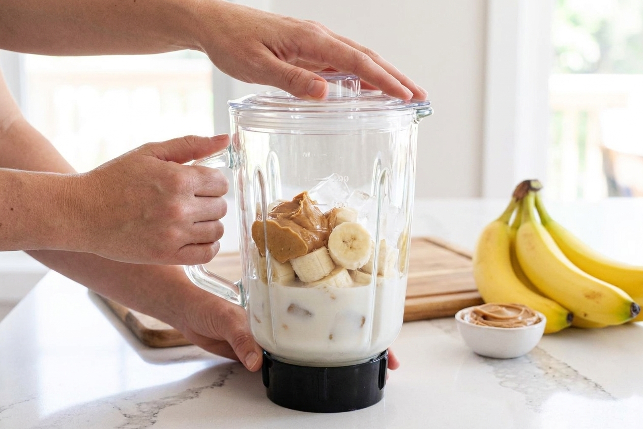 A person’s hands placing a blender lid on a countertop blender filled with banana, peanut butter, milk, and ice in a bright home kitchen