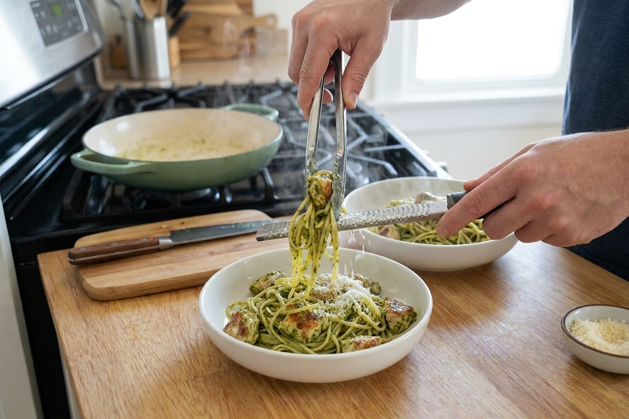 A person’s hands plating pesto chicken pasta into shallow bowls and finishing with grated Parmesan at a kitchen counter