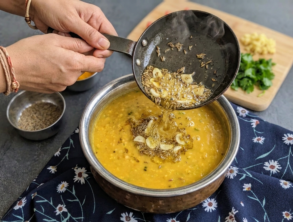 A person’s hands pouring a small skillet of sizzling cumin-garlic tadka over a pot of creamy yellow moong dal on a home stove