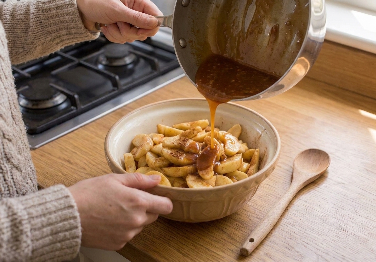 A person’s hands pouring warm caramel sauce from a saucepan into a bowl of sliced apples and cinnamon on a kitchen counter