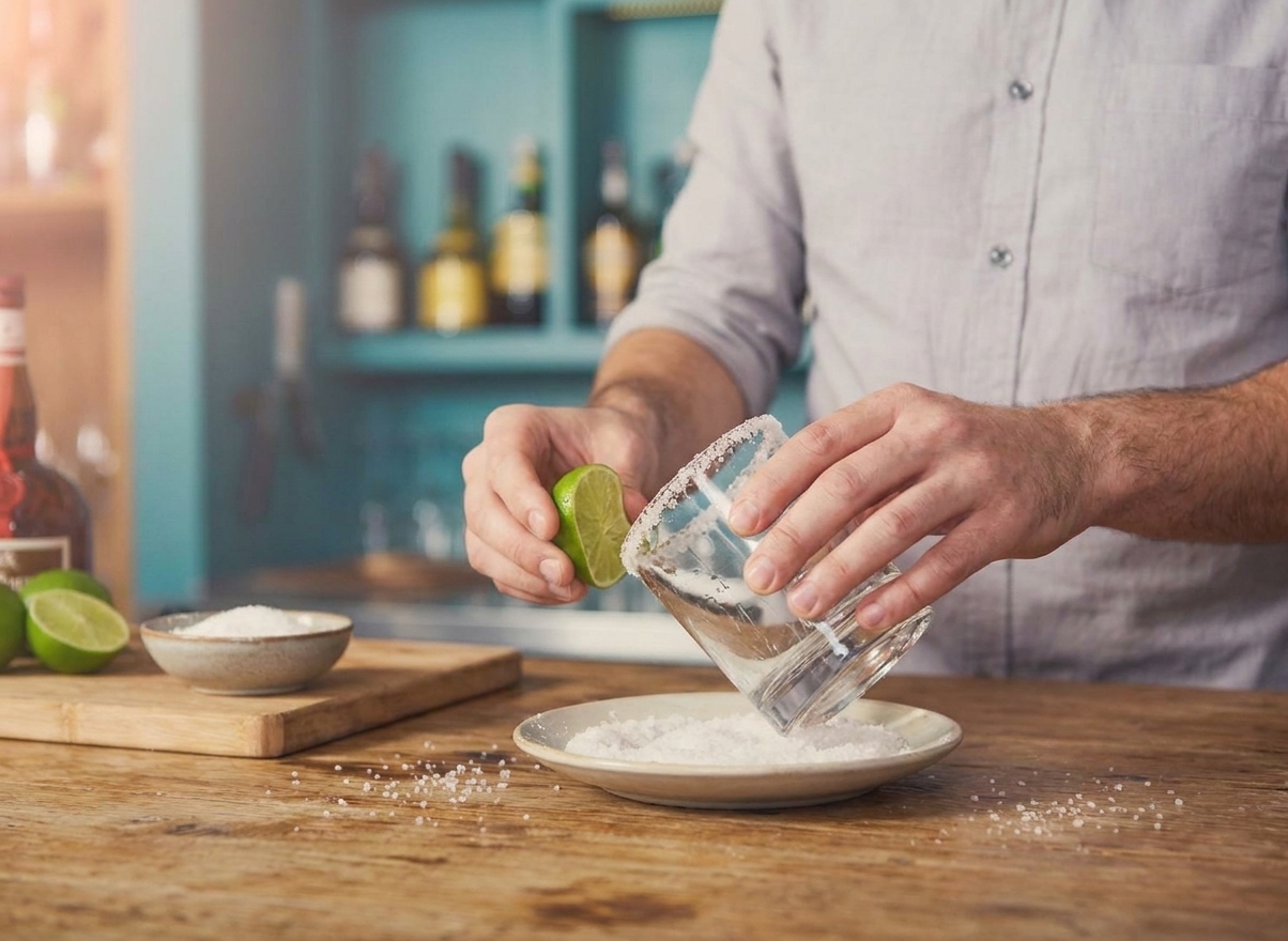 A person’s hands pressing a lime wedge around the rim of a rocks glass and dipping it into kosher salt on a small plate on a kitchen counter