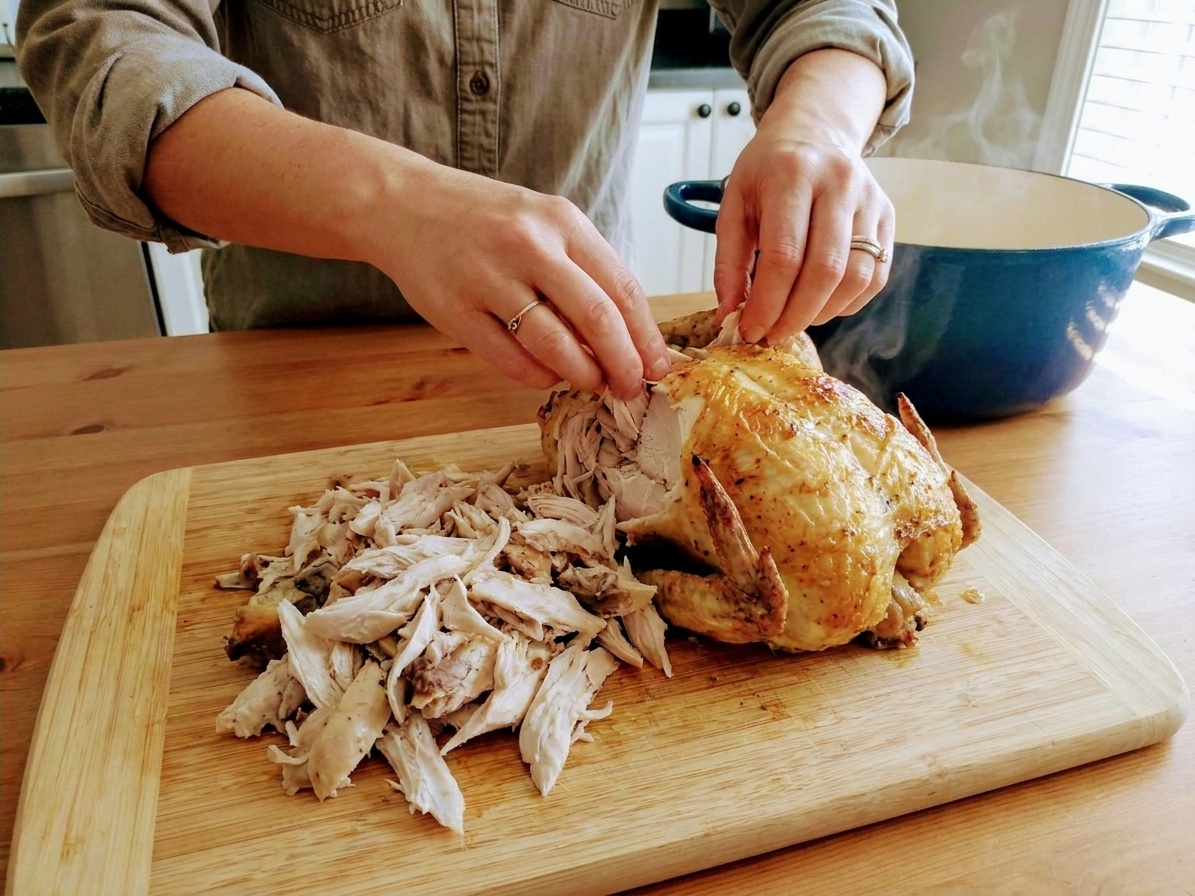 A person’s hands shredding warm rotisserie chicken on a cutting board with a pile of shredded meat and the carcass nearby