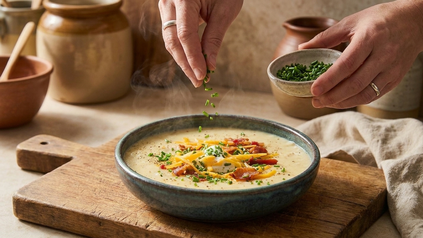 A person’s hands sprinkling chopped chives over a steaming bowl of potato soup on a kitchen counter
