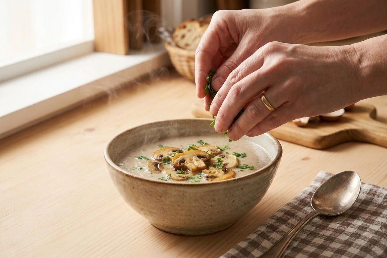 A person's hands sprinkling chopped parsley over a bowl of creamy mushroom soup on a kitchen counter with a spoon nearby
