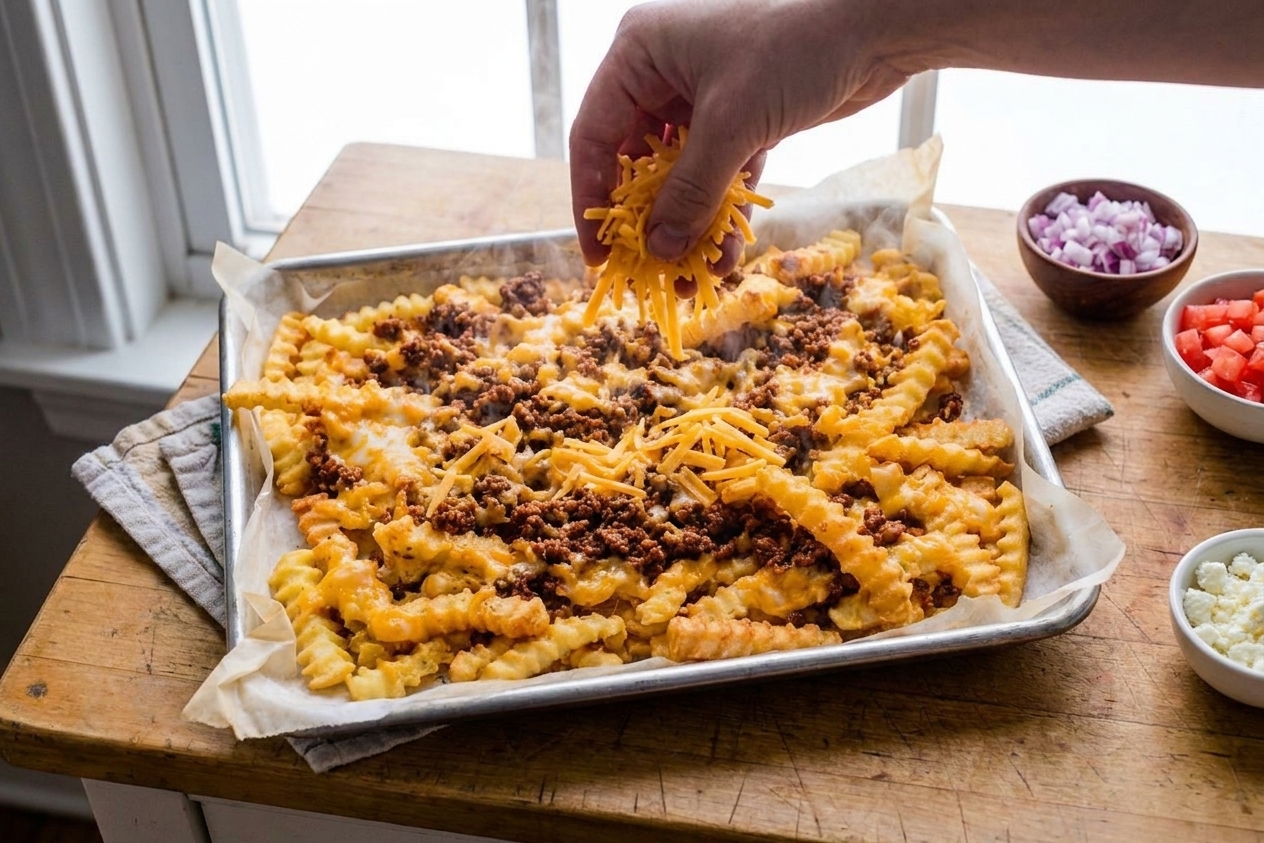 A person’s hands sprinkling shredded cheddar over hot fries on a sheet pan in a home kitchen