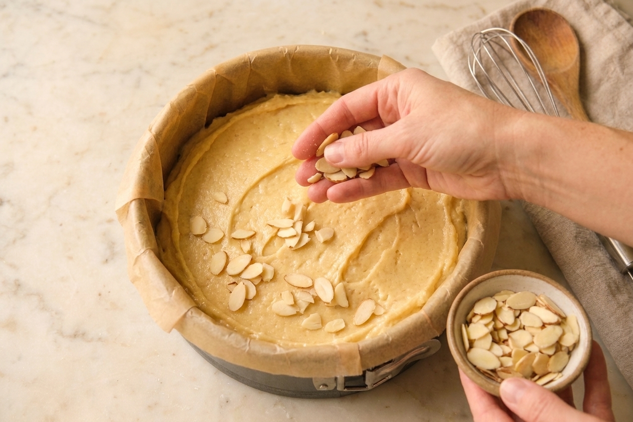 A person’s hands sprinkling sliced almonds over cake batter in a pan on a warm-toned kitchen counter