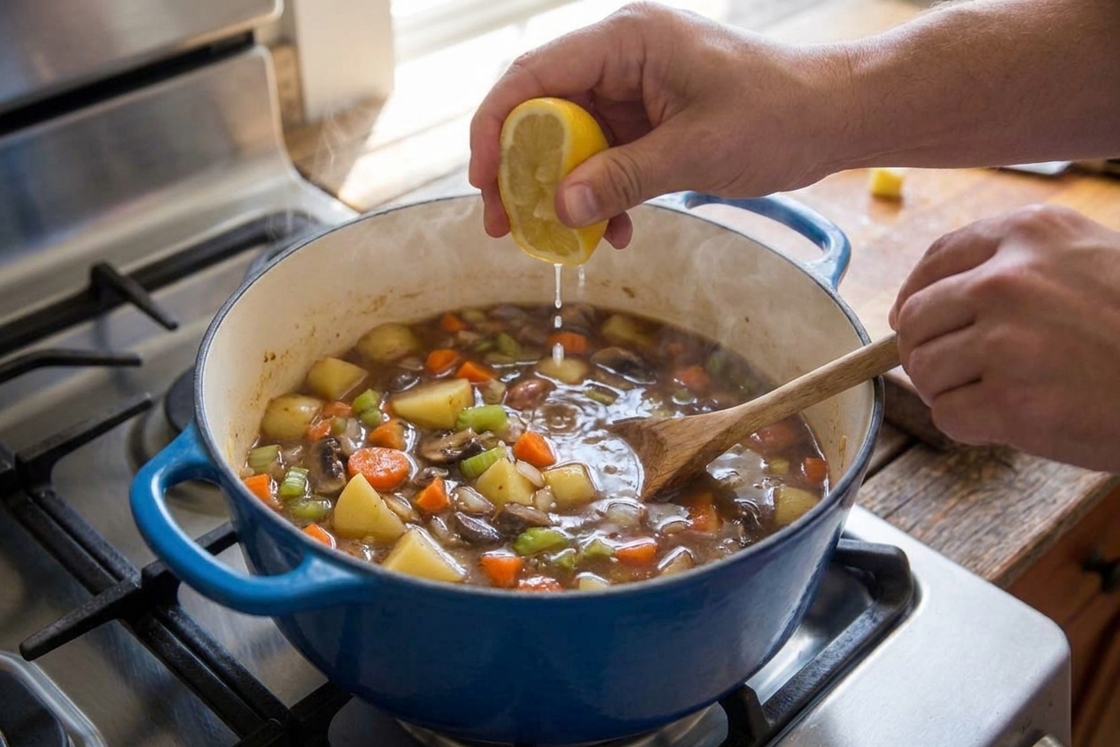 A person’s hands squeezing a lemon into a pot of vegetable stew on the stovetop, with steam rising