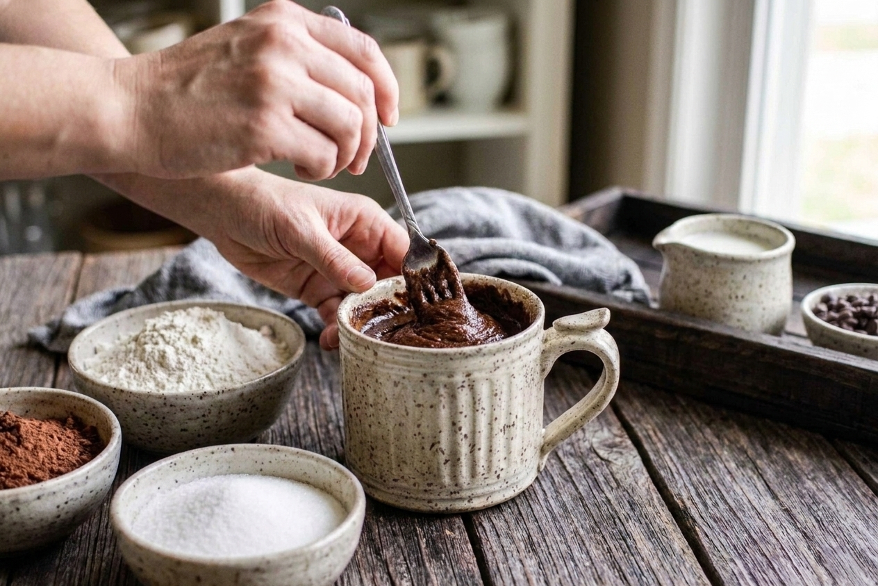 A person’s hands stirring chocolate mug cake batter with a fork inside a ceramic mug on a clean kitchen counter