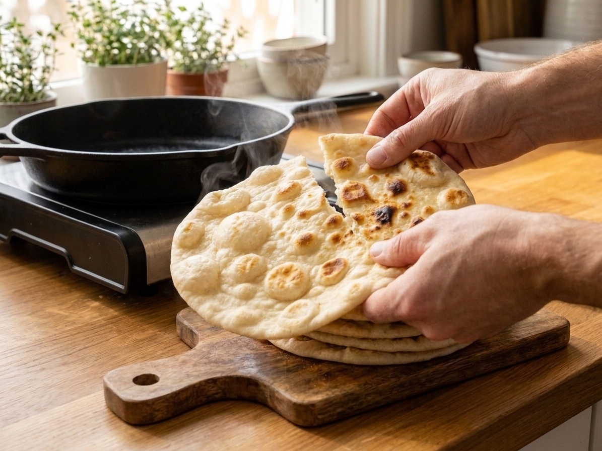 A person’s hands tearing a warm flatbread in half over a wooden cutting board with steam rising softly
