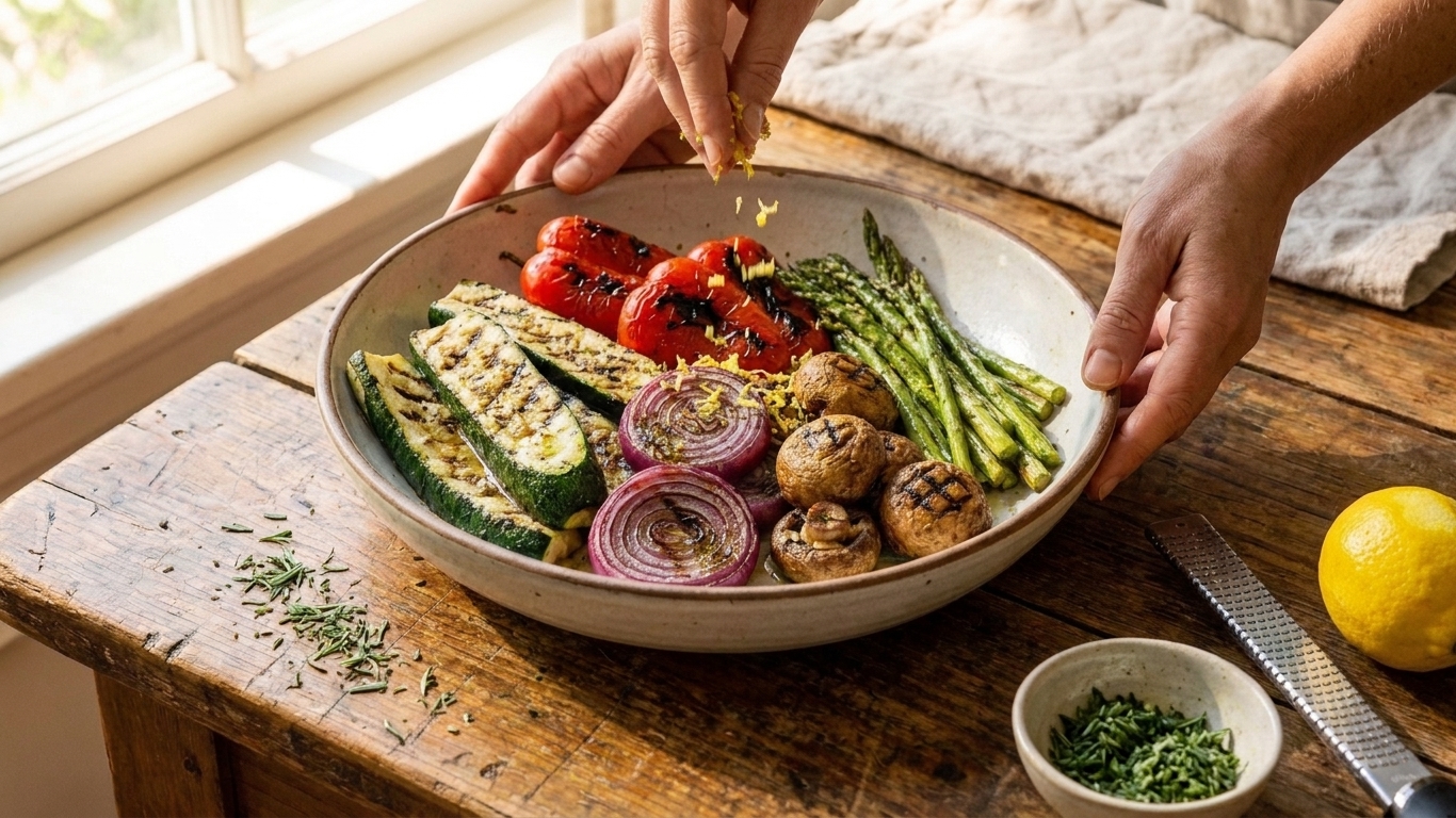A person’s hands tossing grilled vegetables with lemon zest and herbs in a large bowl on a kitchen counter under warm light