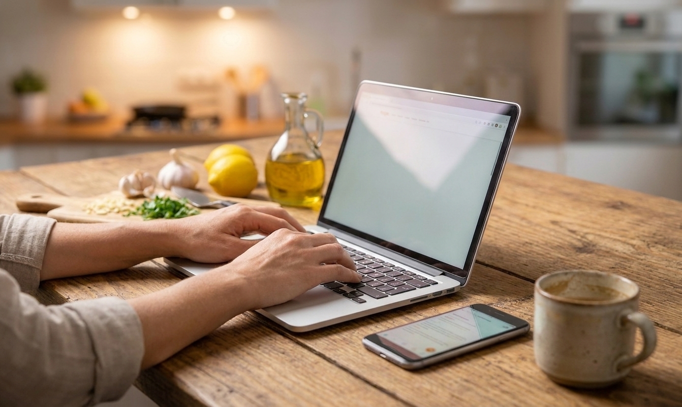 A person’s hands typing on a laptop at a kitchen counter with a phone nearby, warm home lighting