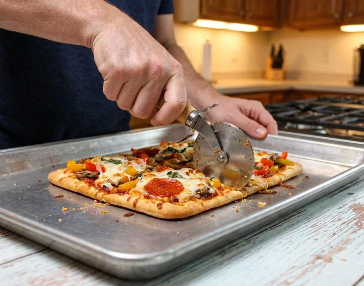 A person’s hands using a pizza wheel to slice a crispy flatbread pizza on a sheet pan on a kitchen counter
