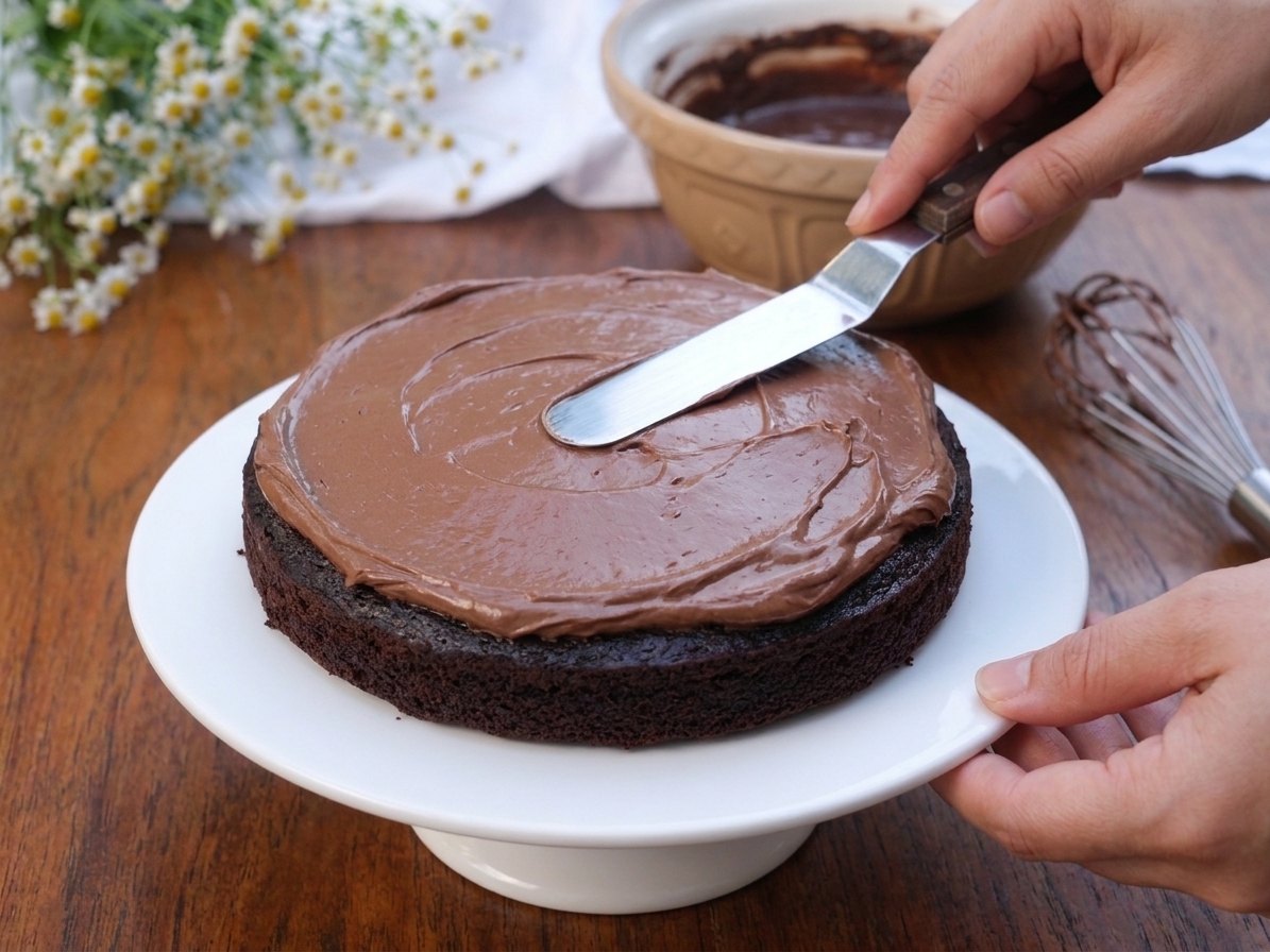 A person’s hands using an offset spatula to spread chocolate frosting over a cooled chocolate cake layer on a simple cake stand