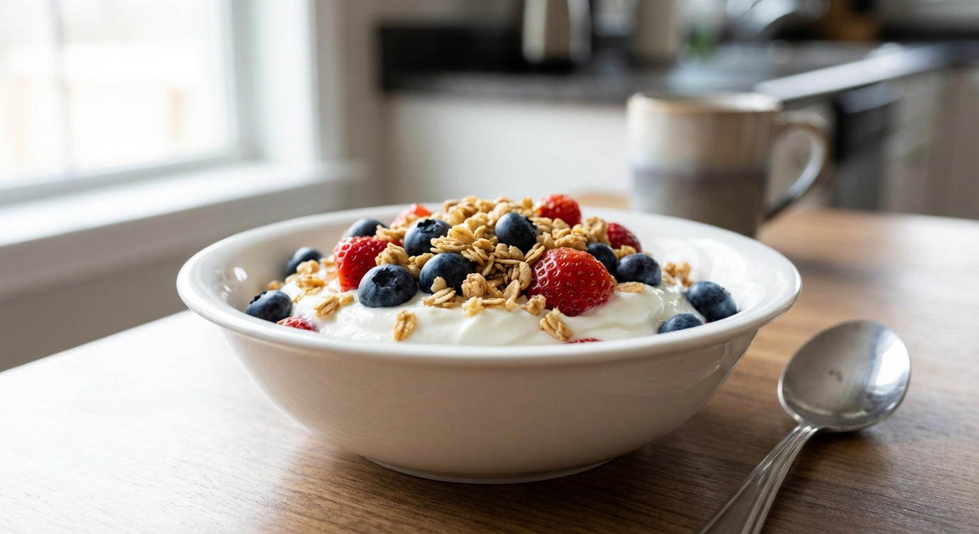 A photo of Greek yogurt in a bowl topped with berries and granola