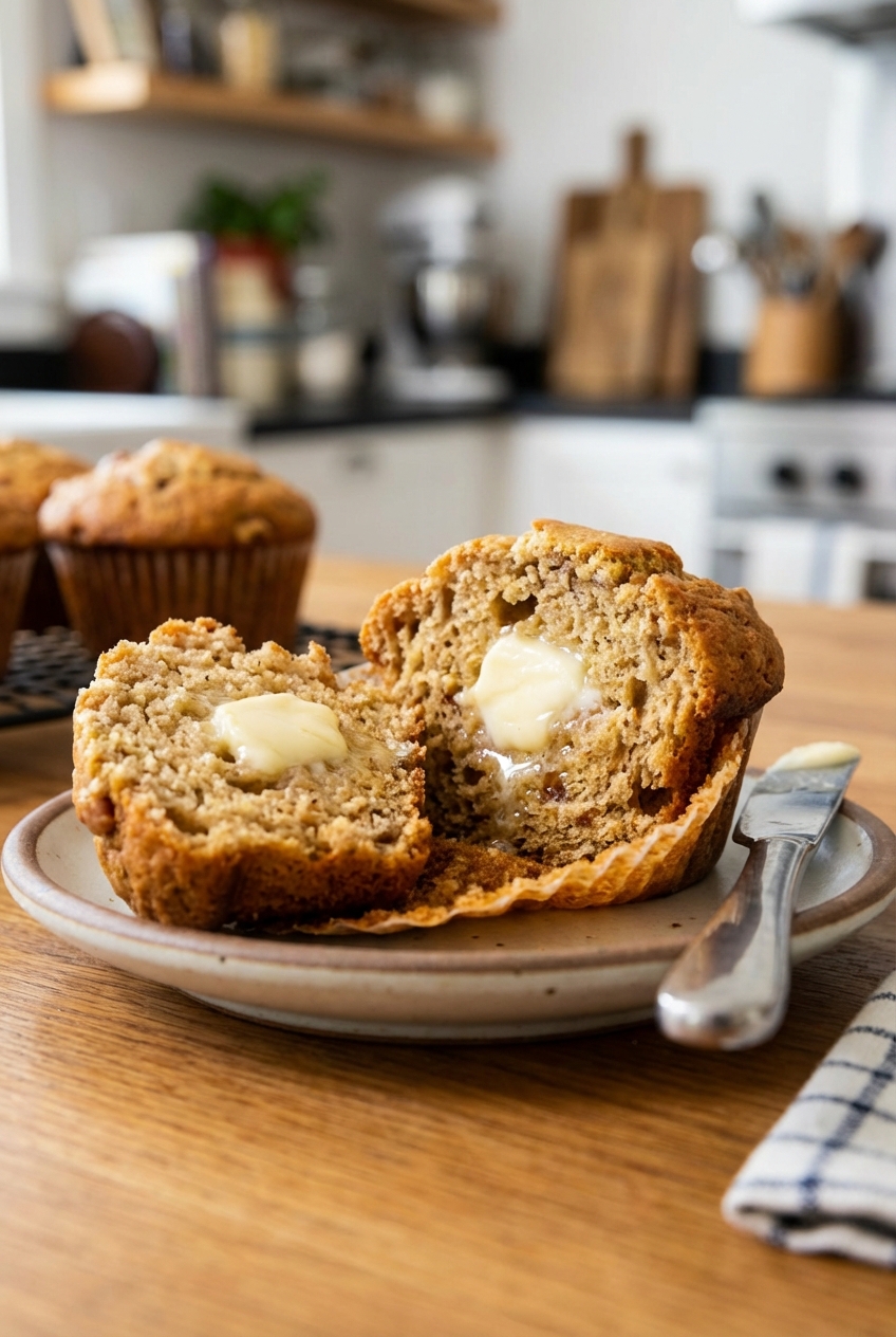 A photo of a banana muffin split open with butter melting into the warm crumb on a small plate