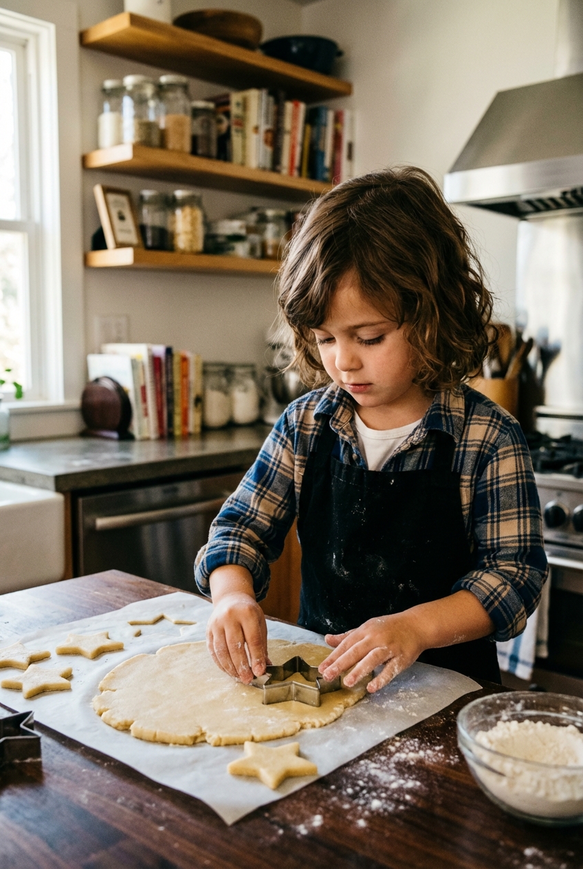 A photo of a child using cookie cutters on rolled dough on parchment paper