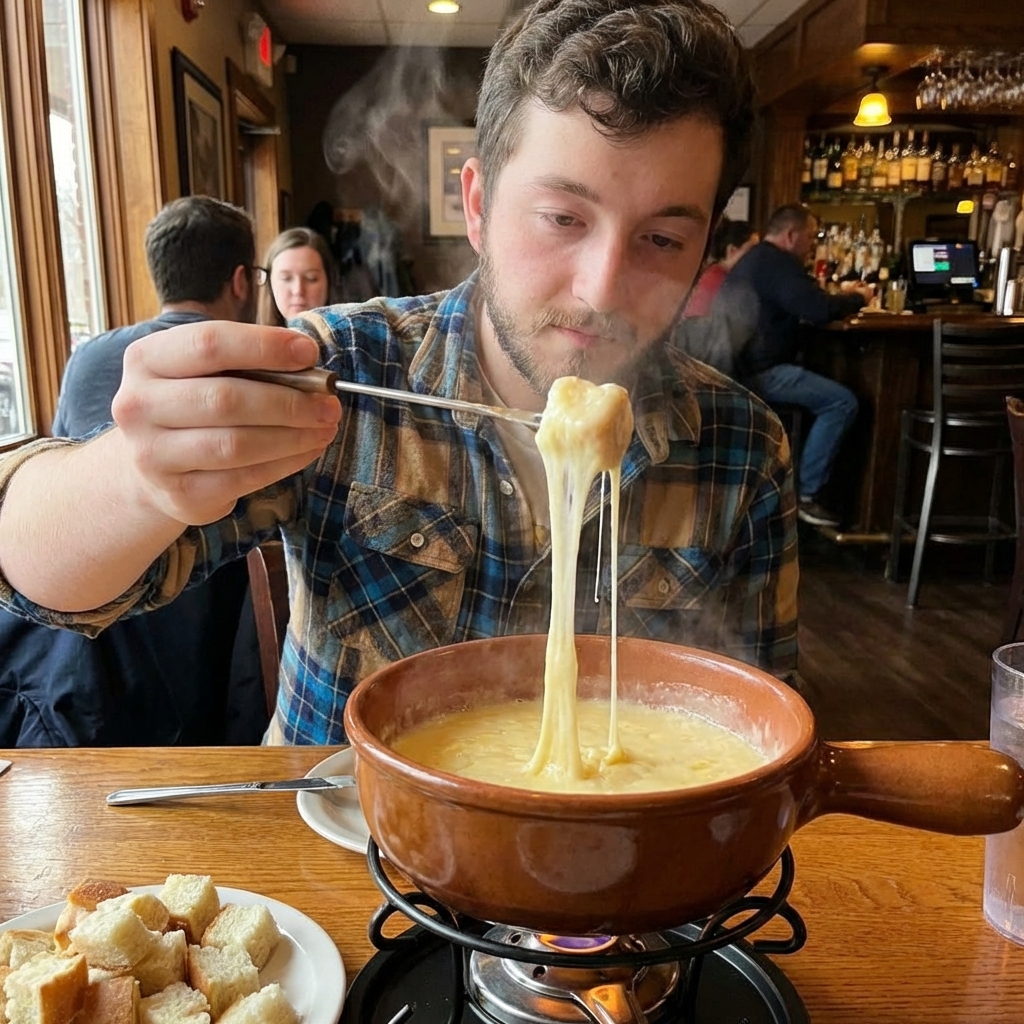 A photo of a fondue fork dipping a cube of bread into a pot of melted cheese with long cheese pull