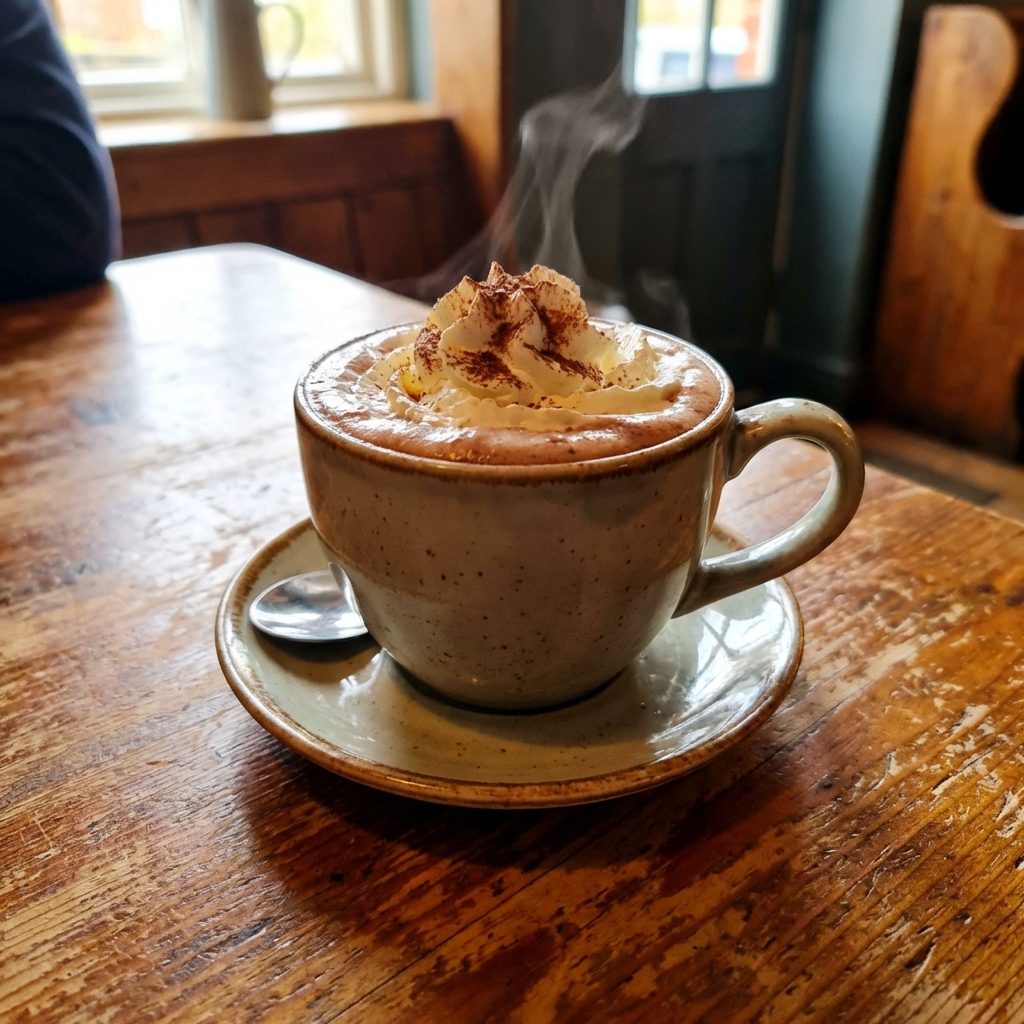 A photo of a mug of hot chocolate topped with whipped cream on a wooden table