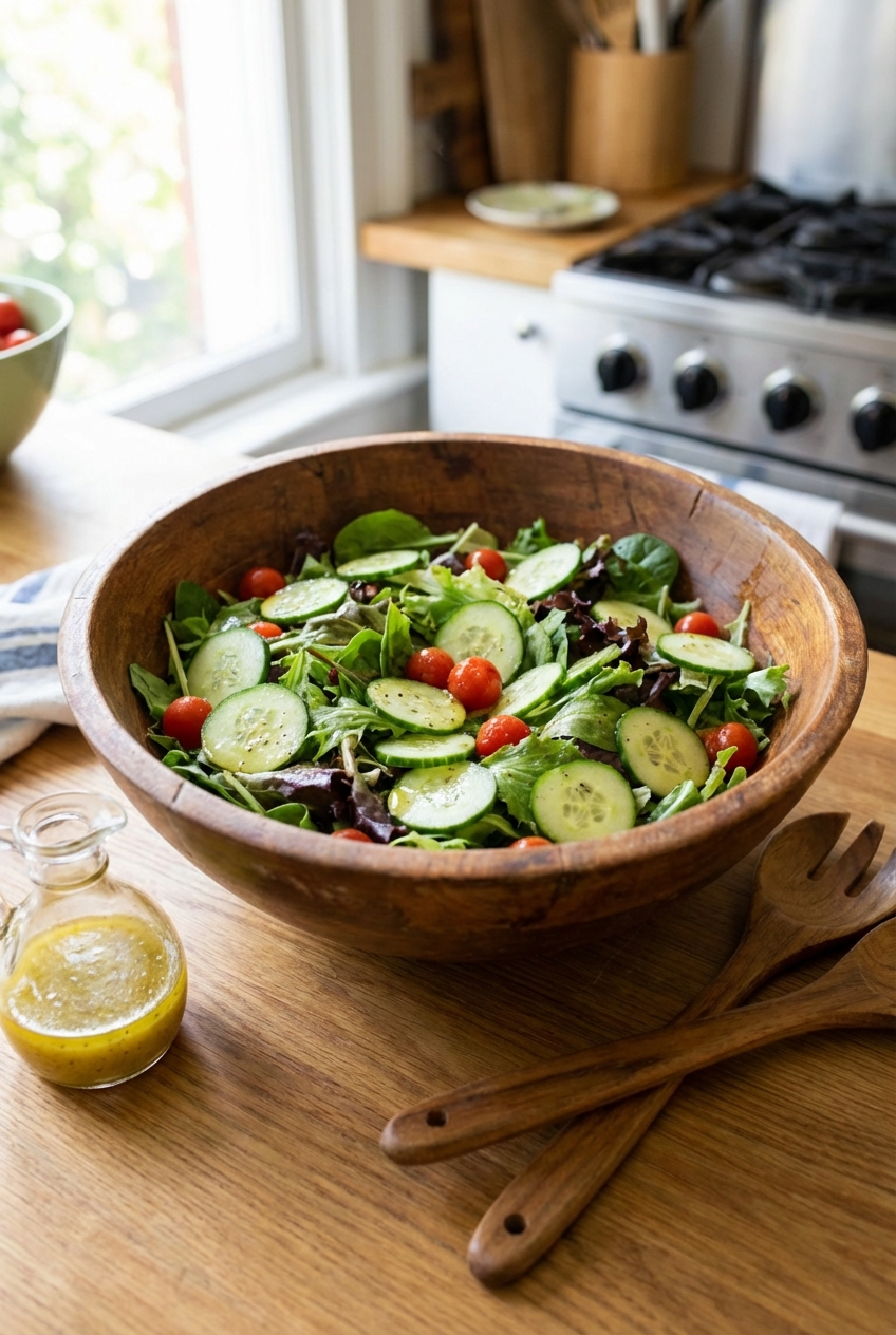 A photo of a simple green salad with lemon vinaigrette in a large bowl