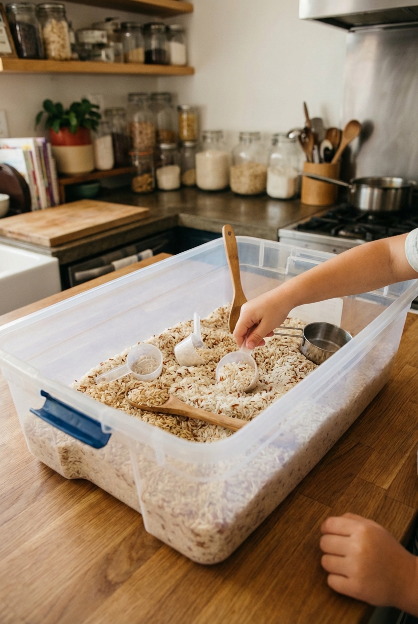 A photo of a simple homemade sensory bin with scoops and dried rice