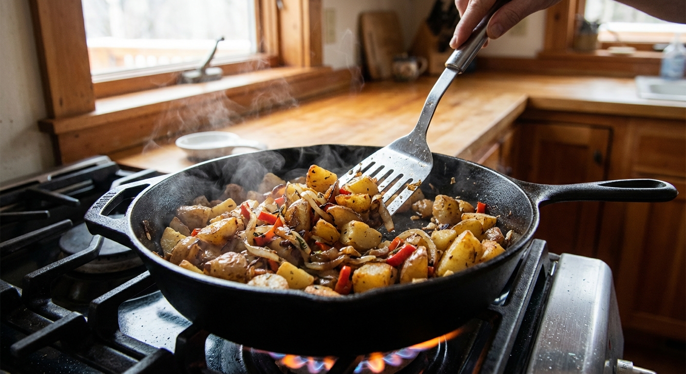 A photo of a skillet of crispy breakfast potatoes being stirred with a spatula on a stovetop