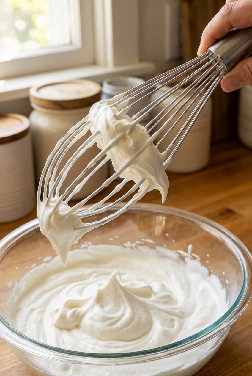 A photo of a whisk lifted above a bowl showing whipped cream forming medium peaks