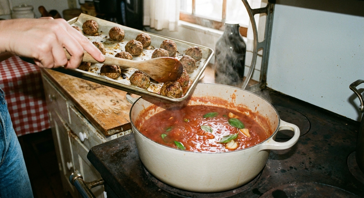 A photo of baked meatballs being spooned into a pot of marinara sauce