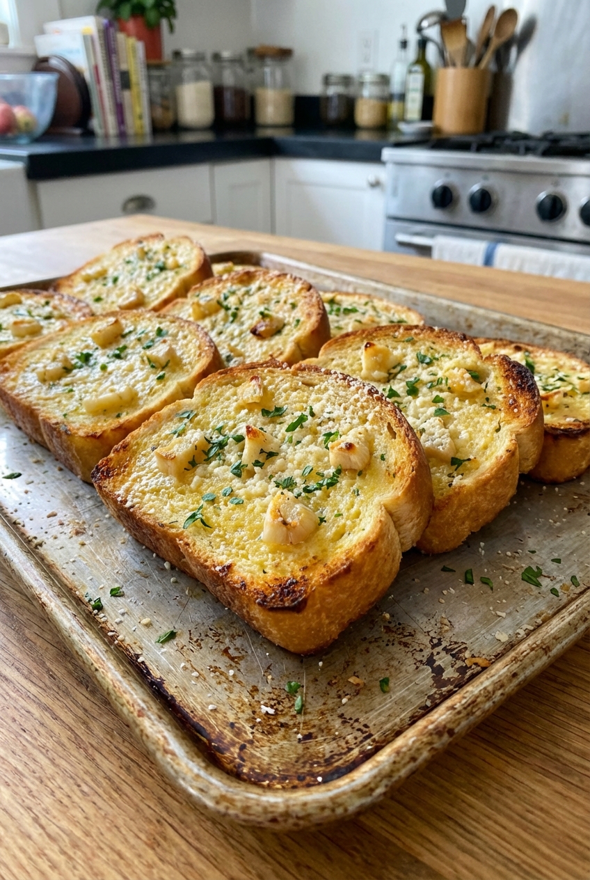 A photo of buttery garlic bread slices on a baking sheet