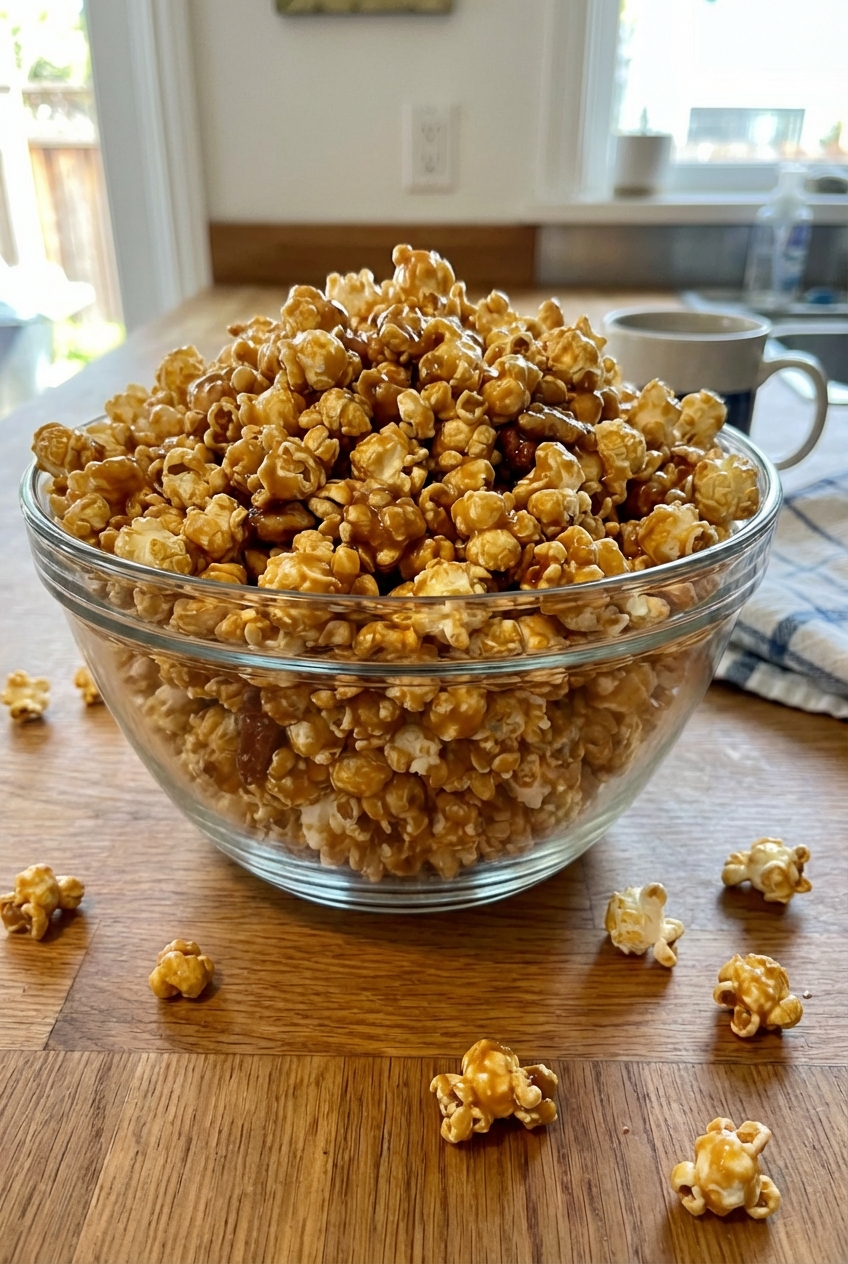 A photo of caramel popcorn in a large bowl with a few kernels scattered
