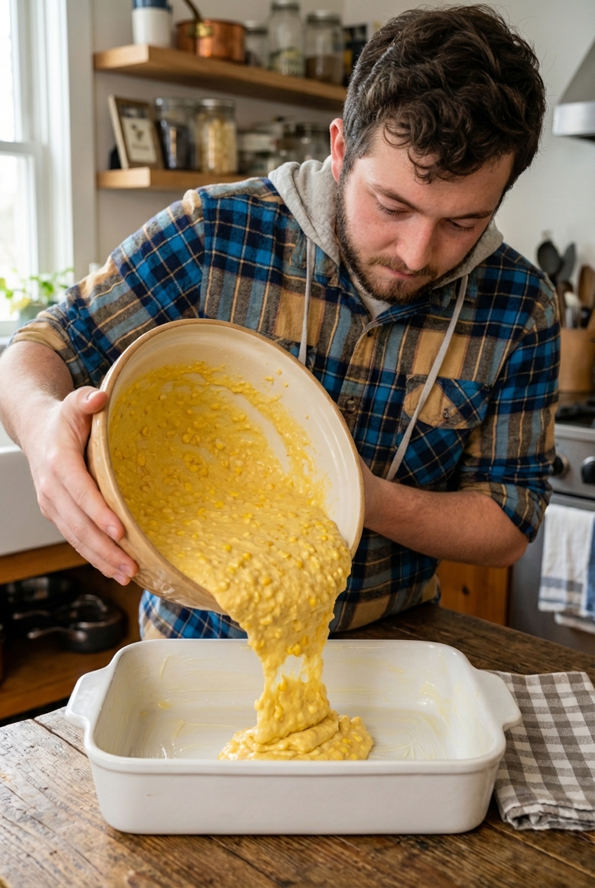 A photo of corn casserole batter being poured from a bowl into a greased baking dish