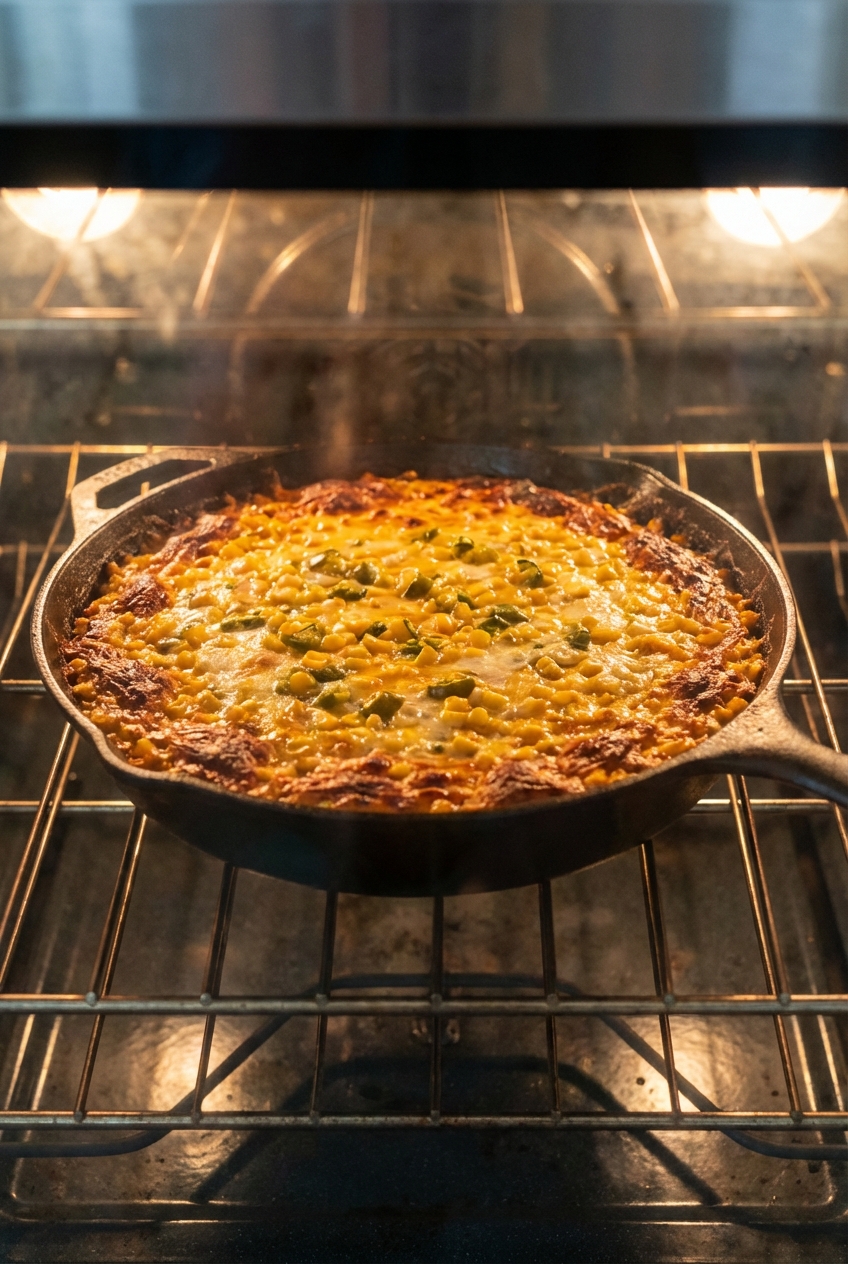 A photo of corn dip being baked in a cast iron skillet with browned edges in an oven