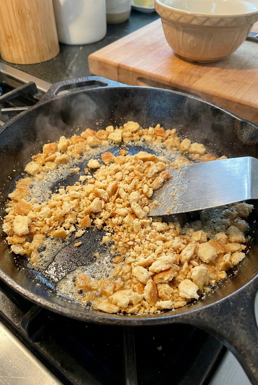 A photo of crushed buttery crackers toasting in a skillet with melted butter until golden brown