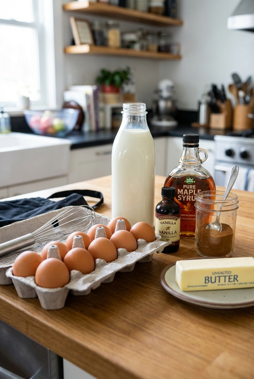 A photo of eggs, milk, maple syrup, vanilla, cinnamon, and butter arranged on a kitchen counter