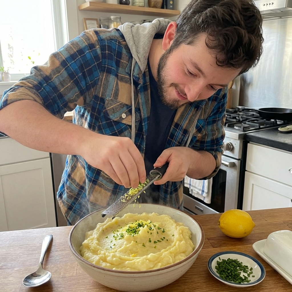 A photo of finished mashed potatoes being topped with lemon zest and chopped chives just before serving