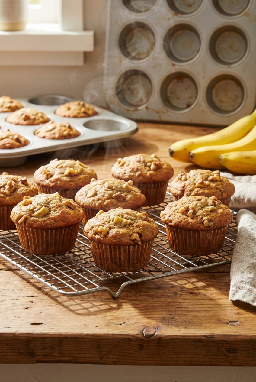 A photo of freshly baked banana muffins cooling on a wire rack with a muffin pan in the background