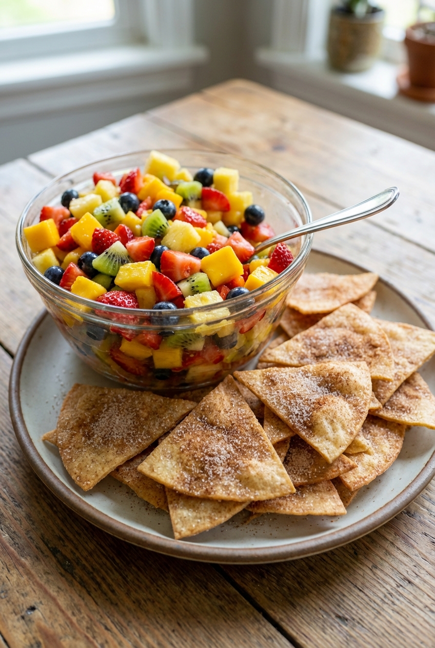 A photo of fruit salsa in a bowl with cinnamon sugar tortilla chips on the side