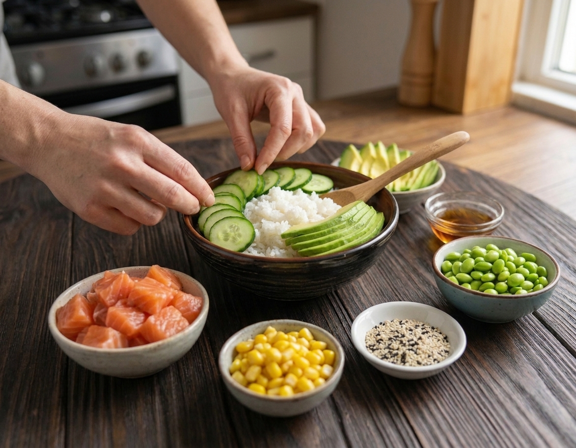A photo of hands assembling a salmon poke bowl on a kitchen counter, adding cucumber and avocado around rice in a ceramic bowl