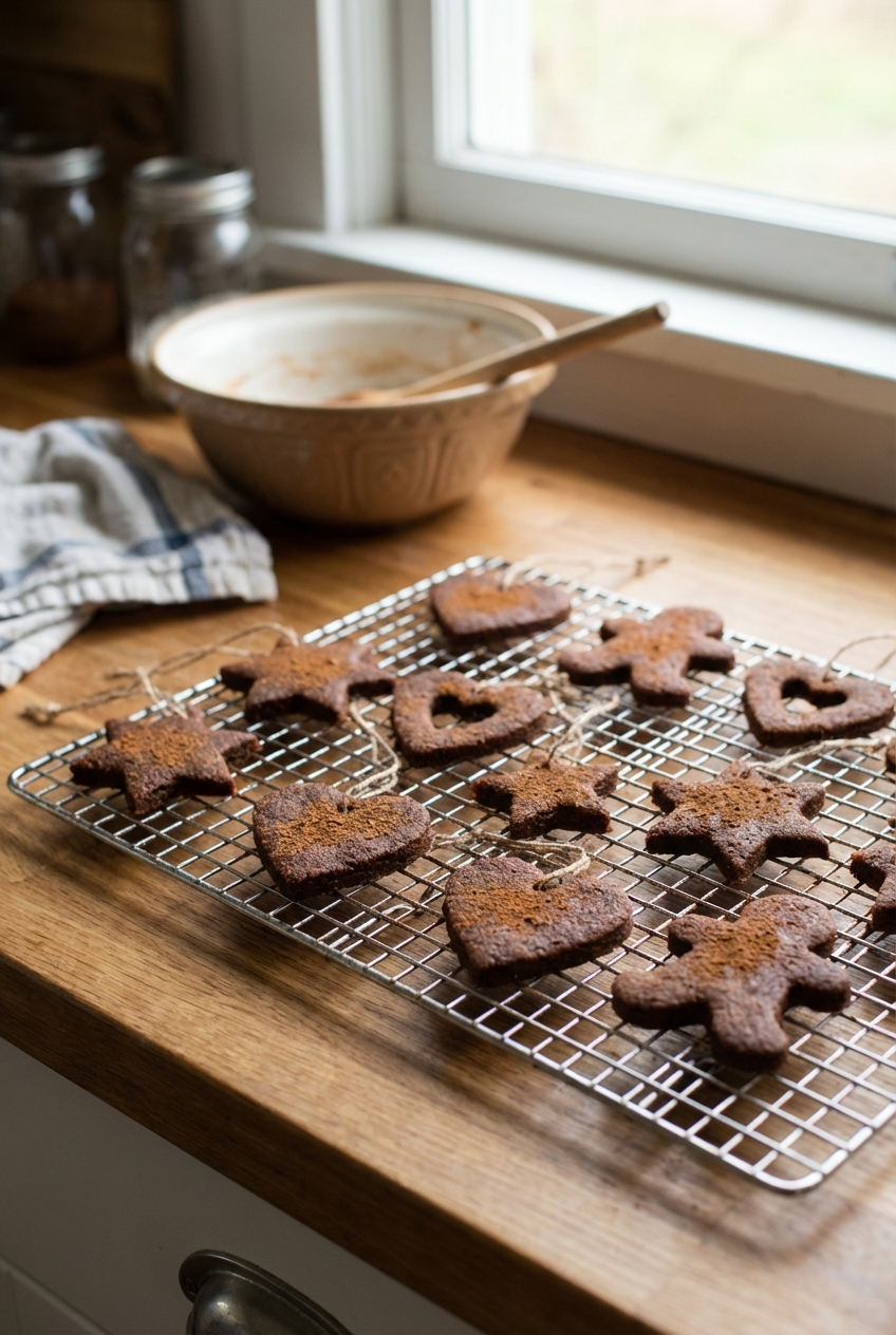 A photo of homemade cinnamon applesauce ornaments drying on a wire rack