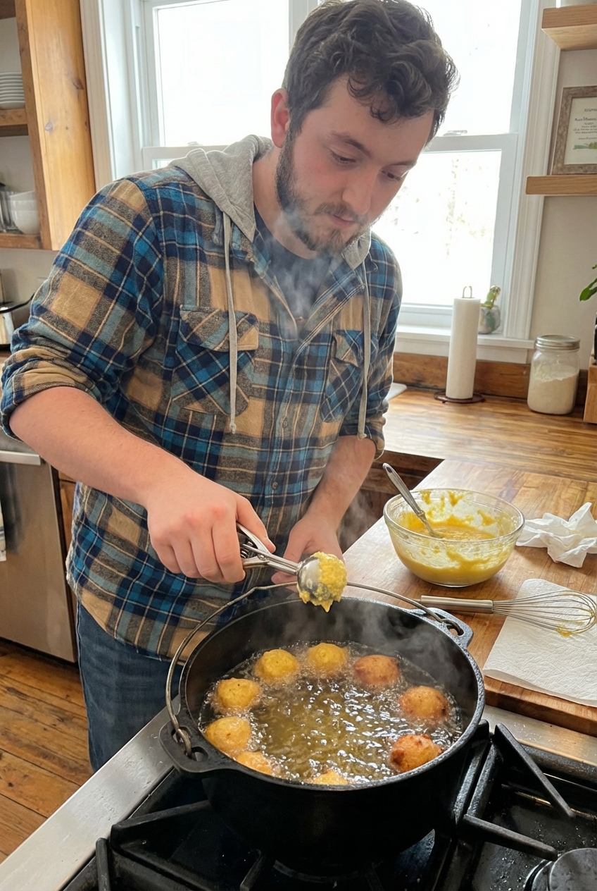 A photo of hush puppy batter being scooped with a small cookie scoop and dropped into hot oil in a heavy pot