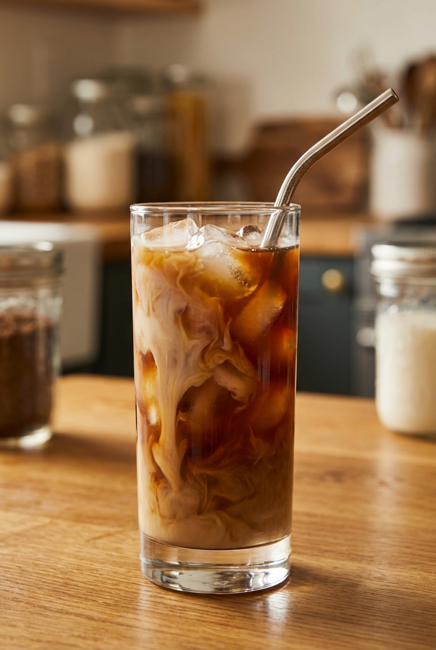 A photo of iced coffee with milk in a clear glass next to a straw