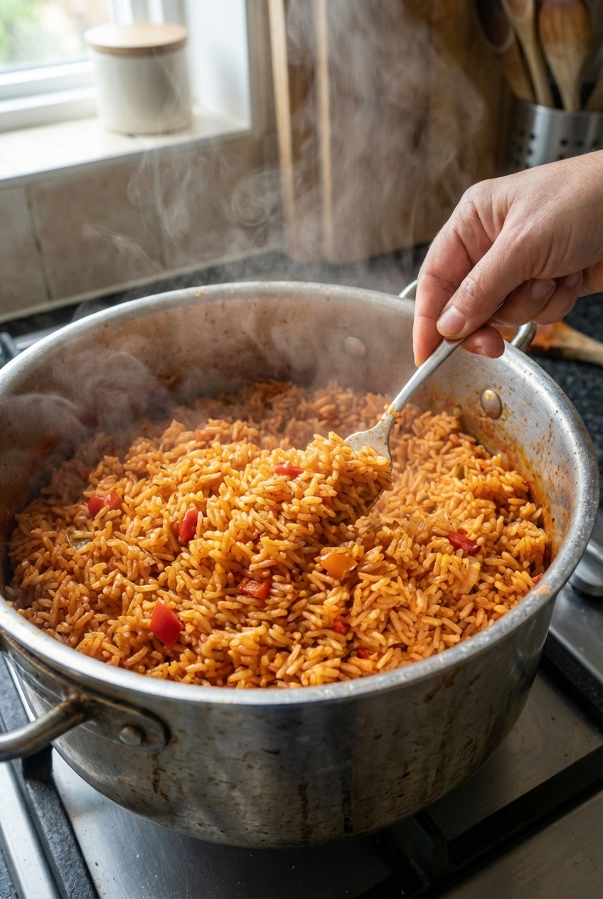 A photo of jollof rice being fluffed with a fork in a pot, showing fluffy red-orange grains and steam rising