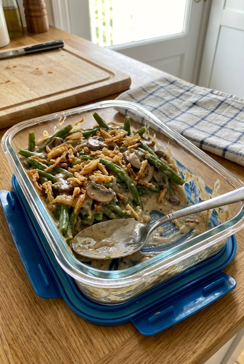 A photo of leftover green bean casserole in a glass meal prep container with a spoon beside it