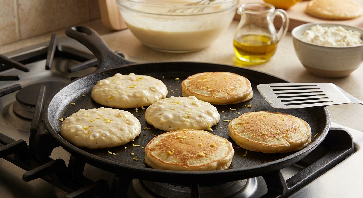 A photo of lemon ricotta pancakes cooking on a skillet with bubbles forming on the surface before flipping